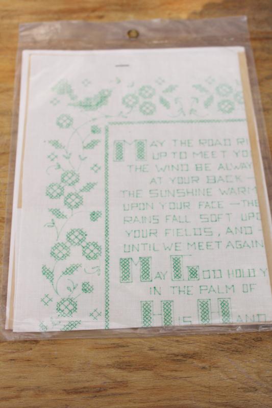 vintage linen sampler printed for embroidery, Irish blessing motto to hand stitch
