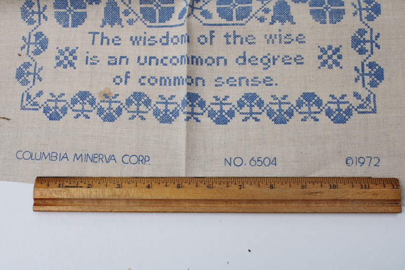 vintage linen sampler stamped cross stitch embroidery Wisdom Common Sense