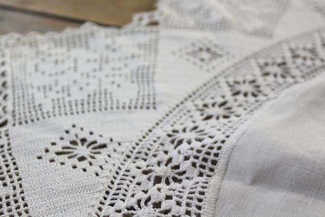 vintage linen table cover topper centerpiece, handmade lace filet crochet edging