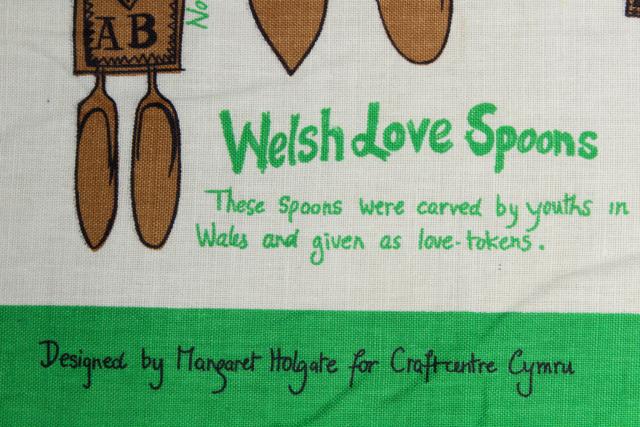 vintage linen tea towel w/ Welsh carved wood spoons print, souvenir of Wales