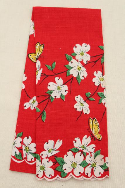 vintage linen tea towel, dogwood and butterfly print on red kitchen towel