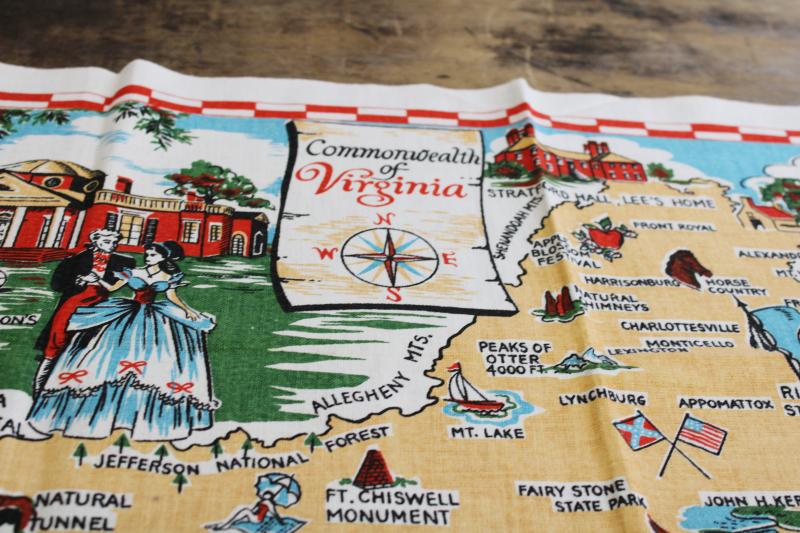 vintage linen tea towel, historic Virginia state map print travel souvenir