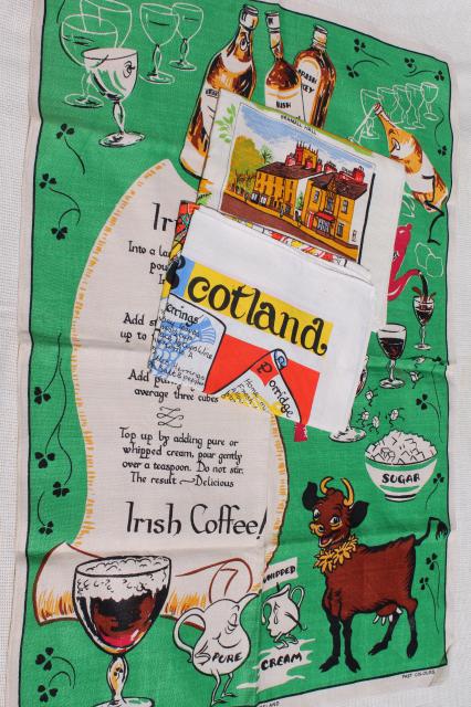 vintage linen tea towels, souvenirs of Cheshire, Ireland, Scotland w/ recipe or map prints
