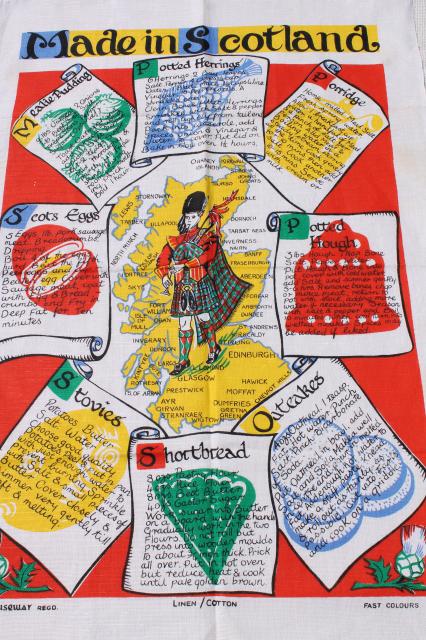 vintage linen tea towels, souvenirs of Cheshire, Ireland, Scotland w/ recipe or map prints