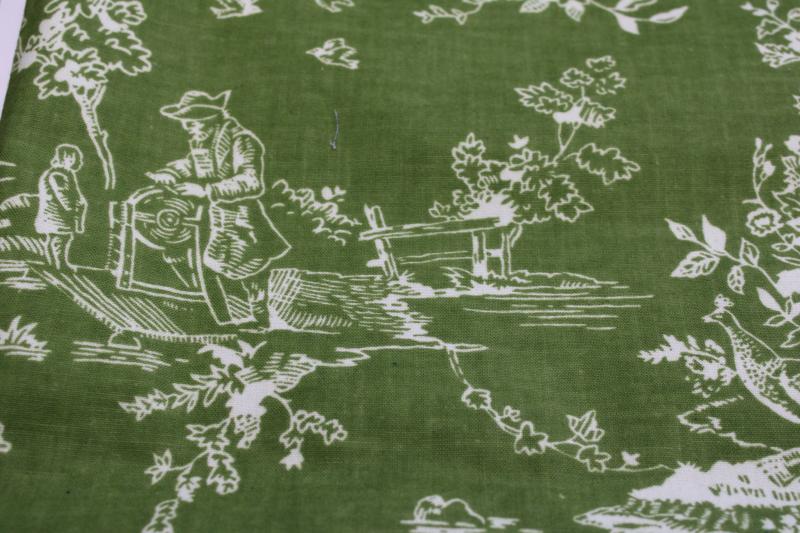 vintage linen weave cotton fabric, french country scenes toile print olive green / white