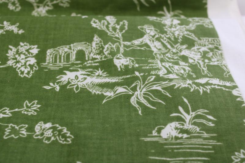vintage linen weave cotton fabric, french country scenes toile print olive green / white