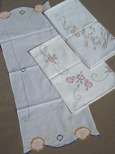 vintage linens lot, embroidered table runners w/ crochet lace edging