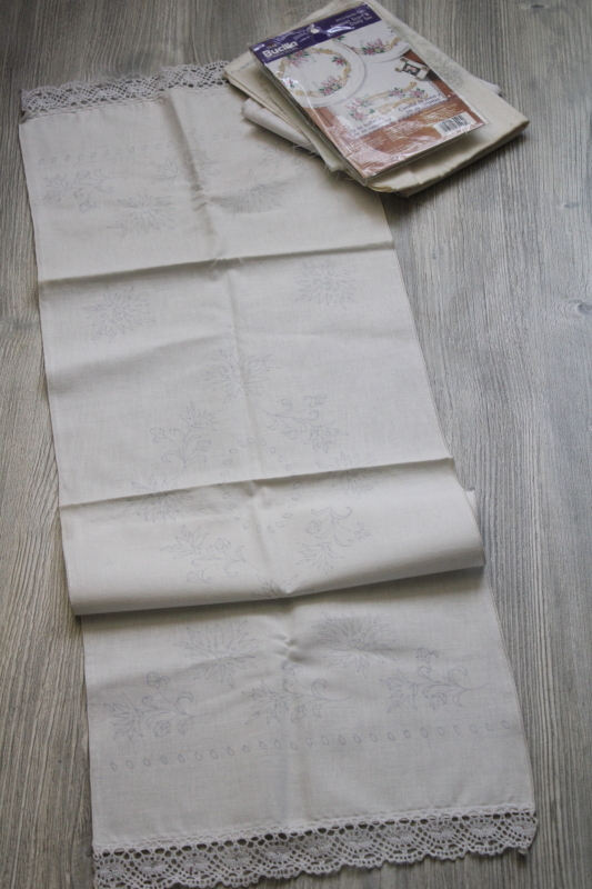 vintage linens stamped for embroidery, lot of table runners or dresser scarves to embroider
