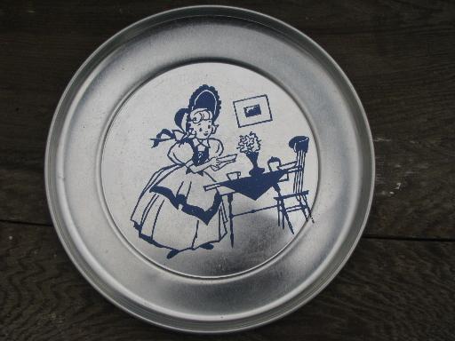 vintage litho print aluminum metal doll dishes, child's toy dish set