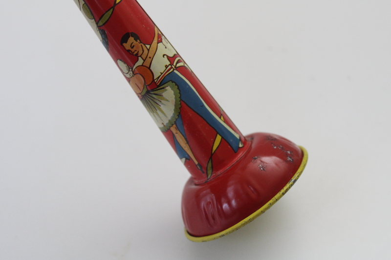 vintage litho print metal noisemaker, New Year or party tin horn marked USA, Ohio Art