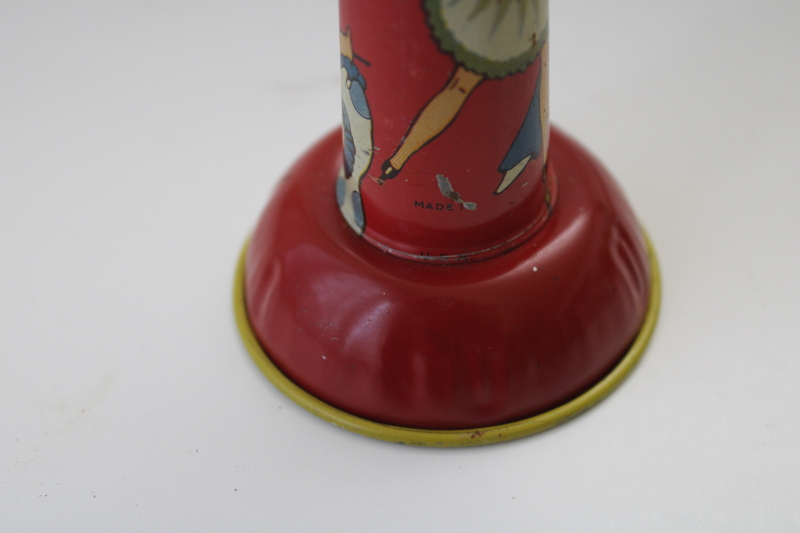 vintage litho print metal noisemaker, New Year or party tin horn marked USA, Ohio Art