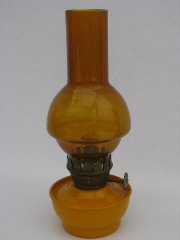 vintage little glass oil lamps w/ shades, amber gold mini lamp lot