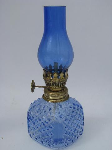 vintage little glass oil lamps w/ shades, cobalt blue mini lamp lot