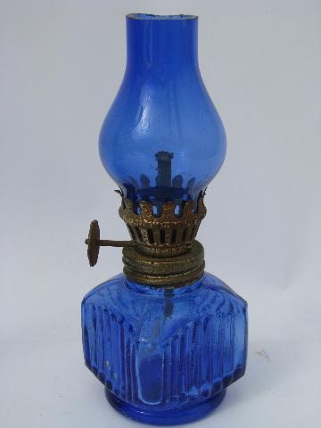 vintage little glass oil lamps w/ shades, cobalt blue mini lamp lot