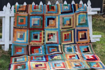 vintage log cabin quilt, heavy upholstery fabric wall hanging mid century modern art tapestry