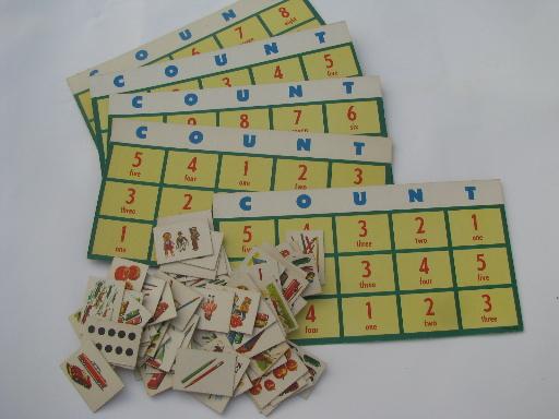 vintage lotto counting game, number cards, retro artwork and illustrations