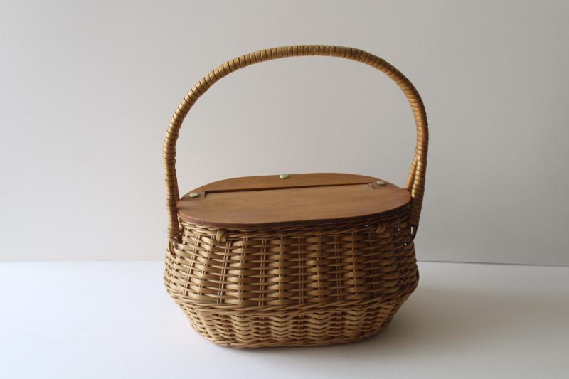 vintage lunch box, little wicker picnic hamper w/ hinged wooden lid, sewing basket?