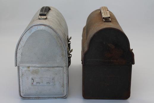 vintage lunch pails, workman's lunch boxes, dome topped metal lunchbox lot