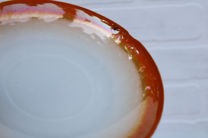 vintage luster china saucer plates, white w/ flame orange iridescent color