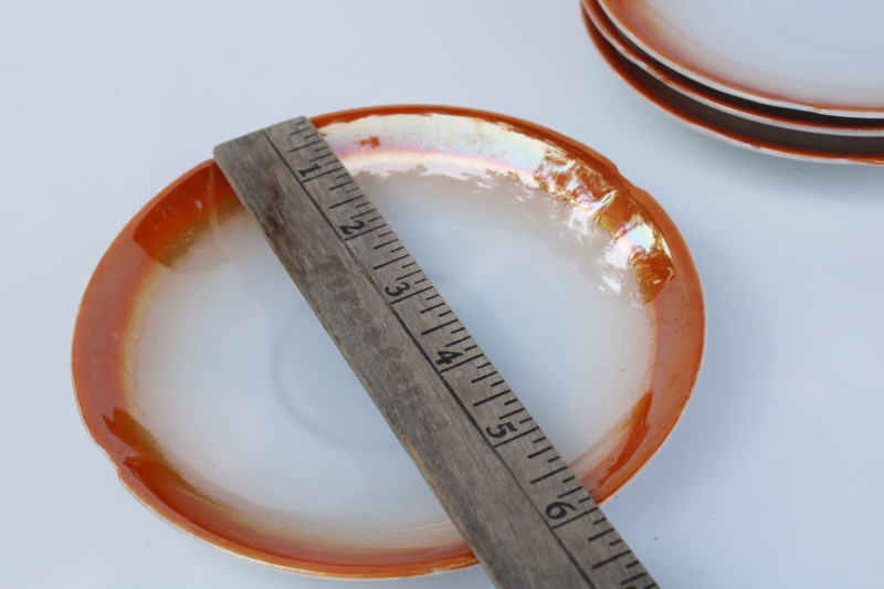vintage luster china saucer plates, white w/ flame orange iridescent color