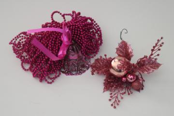 vintage magenta pink Christmas decorations, glitter corsage pick, plastic bead garland, bell