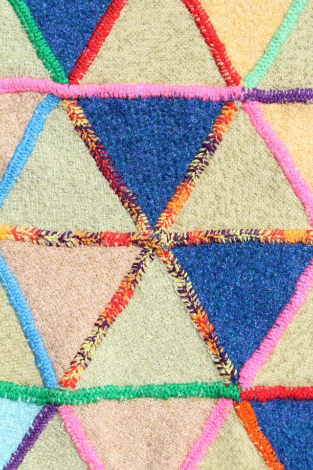 vintage make do wool blanket bedspread, yarn hand stitching patchwork triangle block wheels