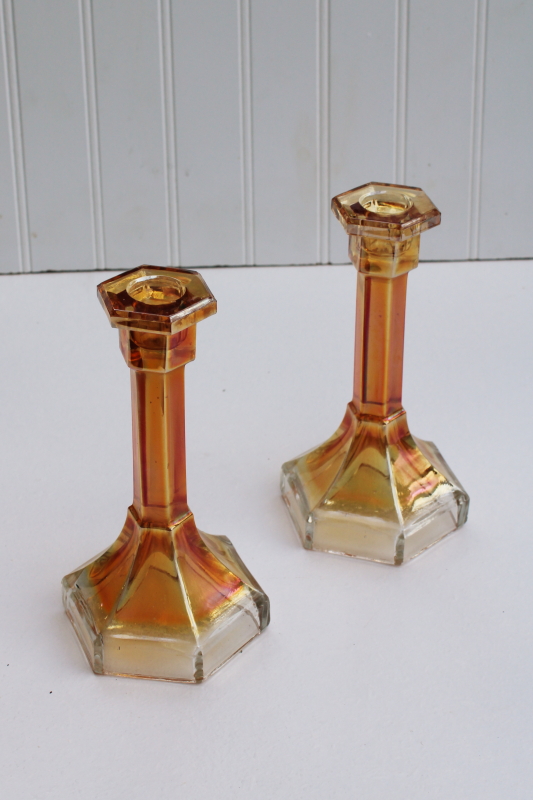 vintage marigold carnival glass candlesticks, Imperial glass Chesterfield pattern