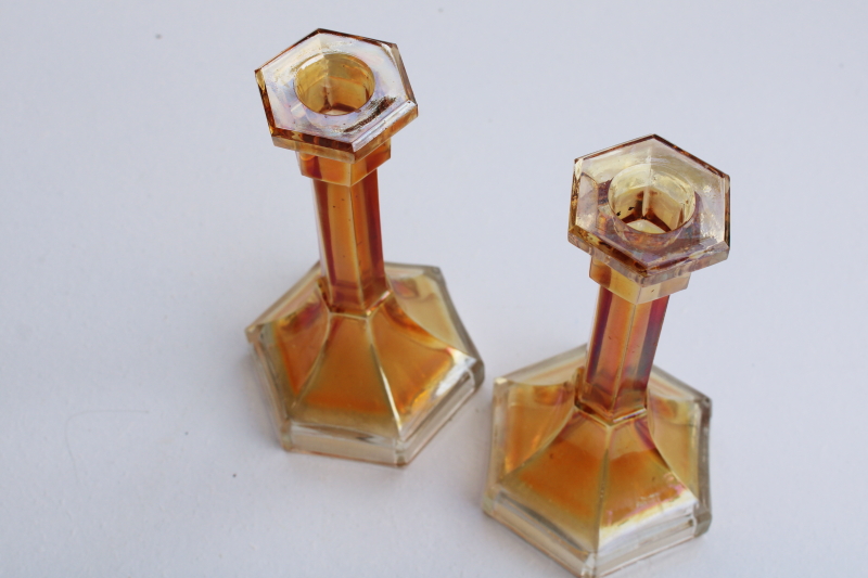 vintage marigold carnival glass candlesticks, Imperial glass Chesterfield pattern