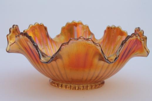 vintage marigold color carnival glass centerpiece bowl w/ glass flower frog