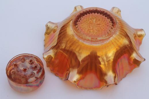 vintage marigold color carnival glass centerpiece bowl w/ glass flower frog