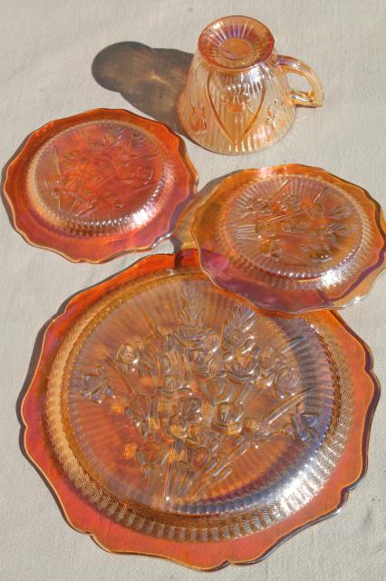 vintage marigold iridescent carnival glass dishes set iris & herringbone plates, cups & saucers 