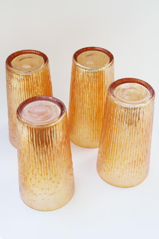 vintage marigold iridescent drinking glasses, big tumblers tree bark textured glass
