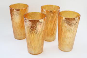 vintage marigold iridescent drinking glasses, big tumblers tree bark textured glass