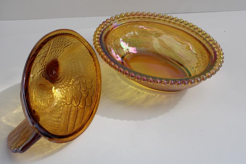 vintage marigold iridescent glass hen on nest covered dish or trinket box, 1980s Indiana glass