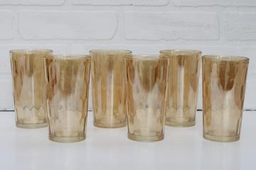 vintage marigold iridescent glass tumblers, Jeannette hex optic pattern drinking glasses