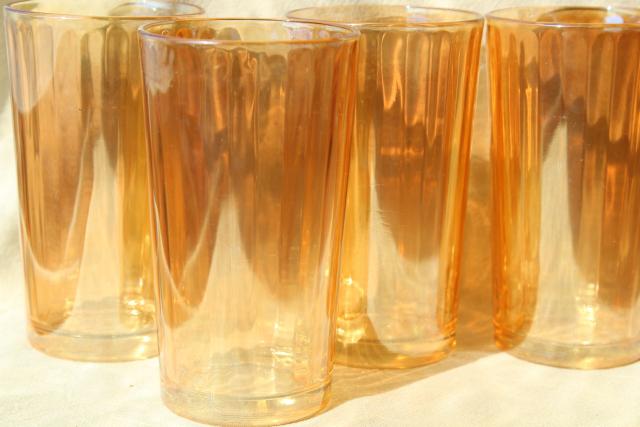 vintage marigold iridescent glass tumblers, paneled optic rib pattern drinking glasses