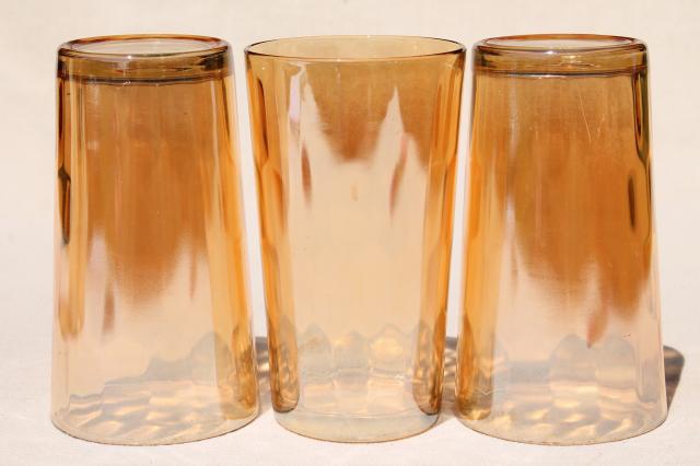 vintage marigold iridescent glass tumblers, paneled optic rib pattern drinking glasses