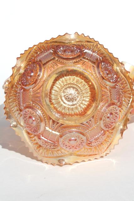 vintage marigold iridescent luster carnival glass bowl, twins pattern Imperial