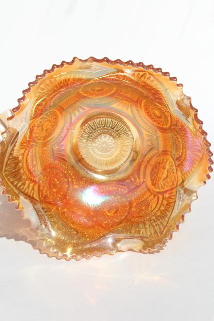 vintage marigold iridescent luster carnival glass bowl, twins pattern Imperial