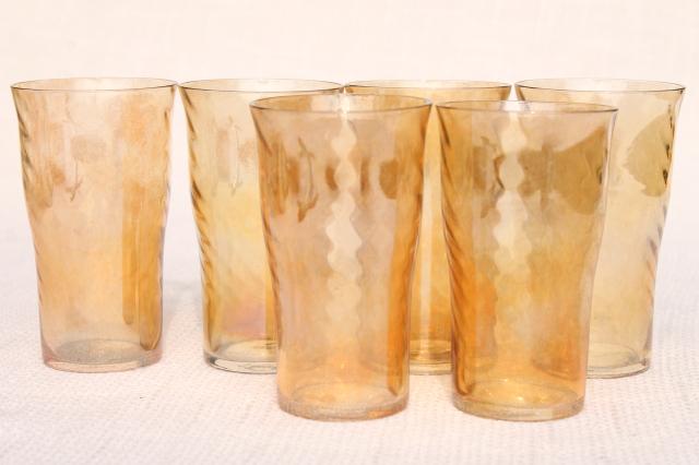 vintage marigold iridescent luster carnival glass juice glasses, swirl optic tumblers