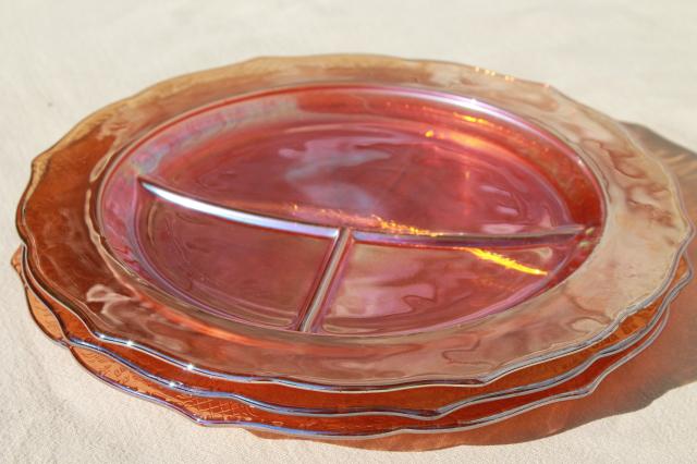 vintage marigold iridescent luster glass, Federal Normandie divided grill plates