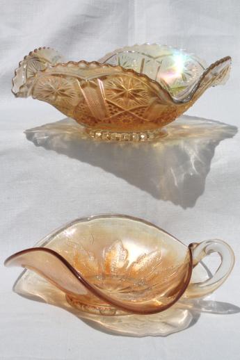 vintage marigold luster carnival glass dishes, bowl & nappy w/ ring handle