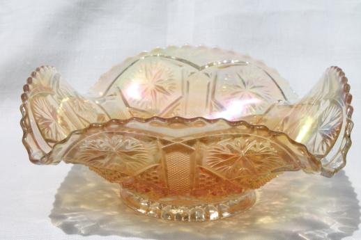 vintage marigold luster carnival glass dishes, bowl & nappy w/ ring handle