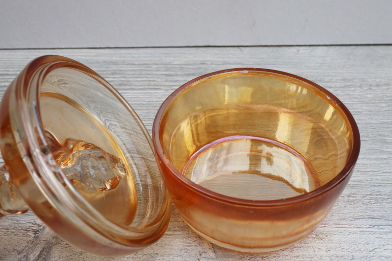 vintage marigold luster glass powder puff box or trinket dish w/ Scotty dog Jeannette glass