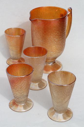 vintage marigold luster lemonade set, crackle pattern depression glass pitcher & glasses