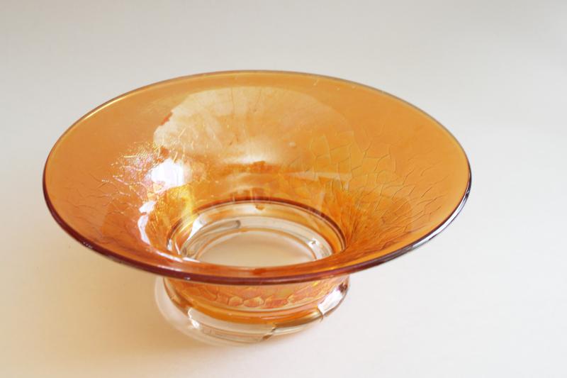 vintage marigold orange carnival glass, crackle pattern art deco style footed console bowl
