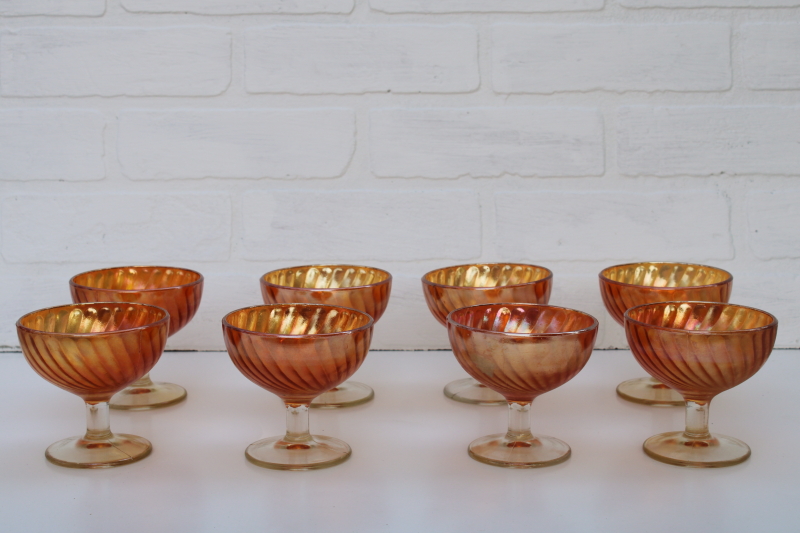 vintage marigold orange iridescent luster carnival glass, set of 8 sherbets or cocktail glasses