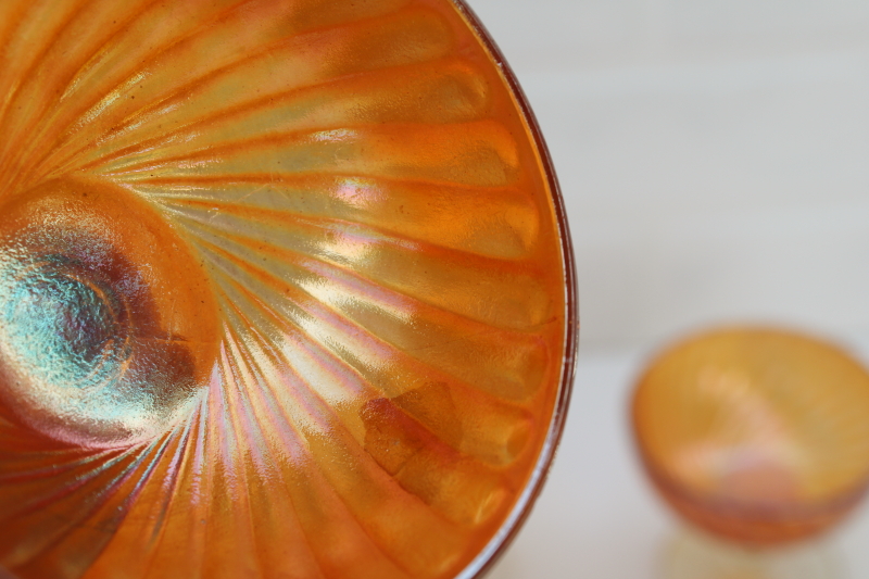 vintage marigold orange iridescent luster carnival glass, set of 8 sherbets or cocktail glasses