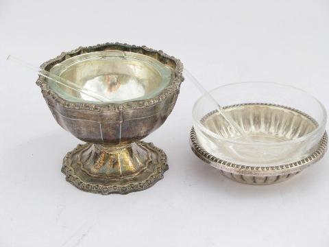 vintage master salts, ornate silver plate salt dishes w/ glass bowls & tiny spoons
