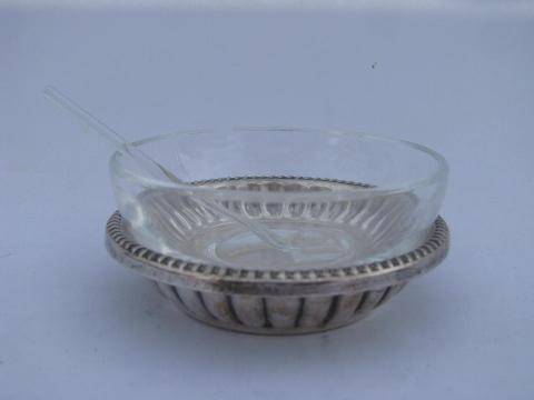 vintage master salts, ornate silver plate salt dishes w/ glass bowls & tiny spoons